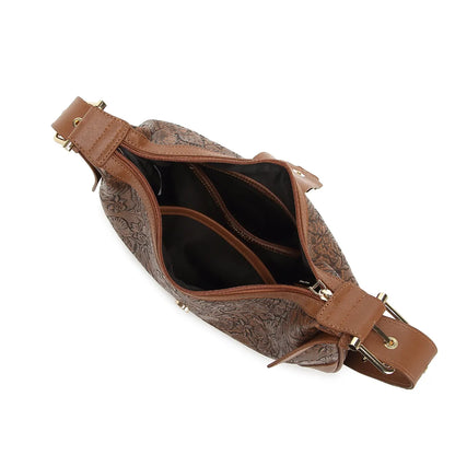 Tan Embossed Floral Leather Hobo Bag for Women