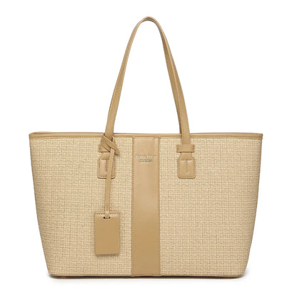 Beige Woven Straw Textured Tote Bag for Women