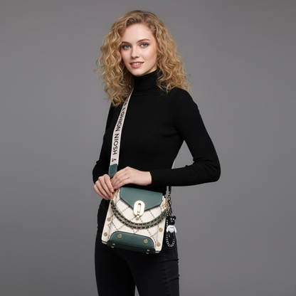 Premium Broad Belt Sling Bag – Designer Check Pattern Sling with Charm & Chain Detail